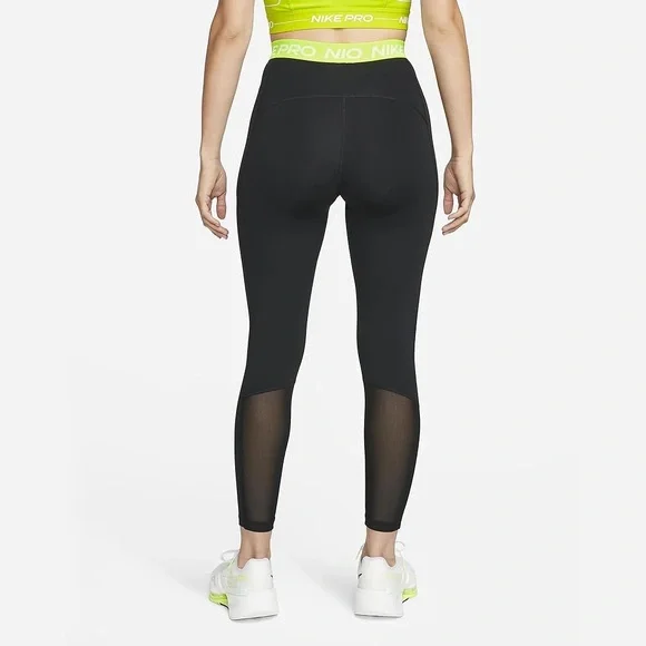 NEW Nike Pro 365 Women's High-Waisted 7/8 Mesh Panel Leggings, Black/Volt/White - Picture 2 of 13